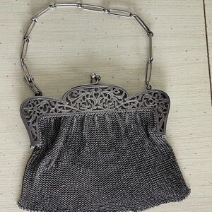 Antique silver chain mail mesh purse kiss lock heavy duty wrist strap bridal
